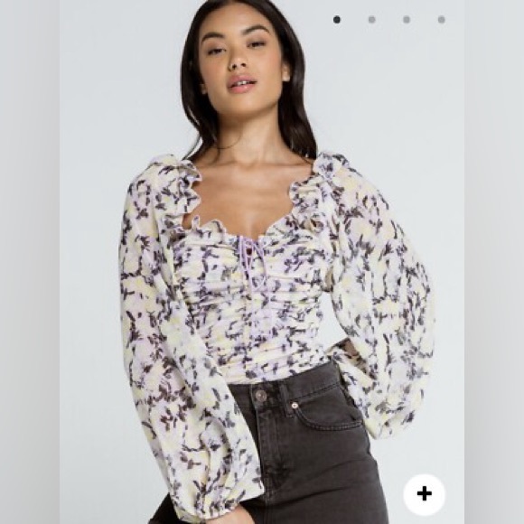 Free People Tops - Free People Mabel Printed Ruched Blouse Long Sleeve Floral Purple Yellow Size L